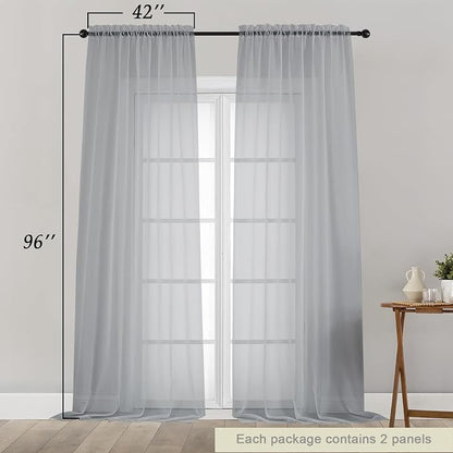 Light Grey Sheer Curtains for Bedroom Living Room 96 Inches Long 2 Panels - Image 2