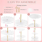 5 Pcs Dessert Table Display Set, White Plastic 2 Pcs Square 3 Tier Cupcake Stand Cup Cake Tower Stand with Metal Rod & 3 Pcs Serving Tray for Baby Shower, Tea Party, Wedding, Birthday Party