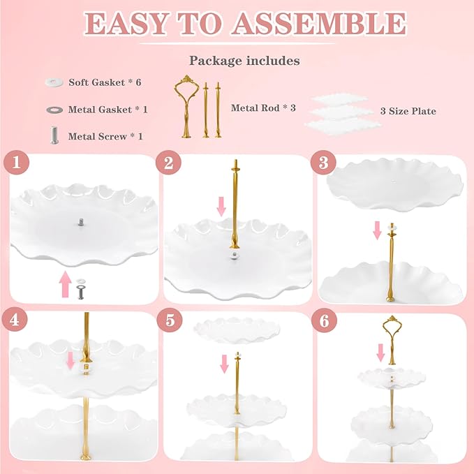 5 Pcs Dessert Table Display Set, White Plastic 2 Pcs Square 3 Tier Cupcake Stand Cup Cake Tower Stand with Metal Rod & 3 Pcs Serving Tray for Baby Shower, Tea Party, Wedding, Birthday Party