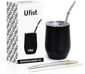 Yerba Mate Cup with Lid, 2 Bombillas, Cleaning Brush, 11.8oz Stainless Steel Double-Wall Insulated Gourd (Black)