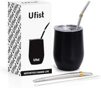Yerba Mate Cup with Lid, 2 Bombillas, Cleaning Brush, 11.8oz Stainless Steel Double-Wall Insulated Gourd (Black)