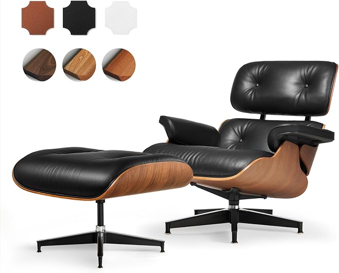 Top Black Grain Leather, Mid Century Chaise Lounge Chair and Ottoman, Leather by MakeHomeBetter