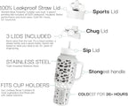 Coldest 40 oz Tumbler with Handle and Straw, 100% Leak Proof Insulated Tumbler with Lid and Straw (3 Lids), Stainless Steel Tumblers for Women & Men, Cup Holder Friendly, 46 oz (Silver Leopard)