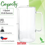 Simax Glass Pitcher, 32 Ounce (1 Quart) Borosilicate Glass, Hot and Cold Safe Iced Tea Pitchers for Drinks, Made in Europe Glass Water Pitcher, Cocktail Jug, Lemonade, Sangria