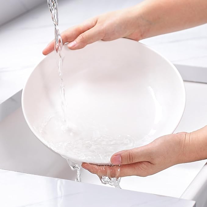 DOWAN 9.75" Pasta Bowls Set of 4, Large Shallow White Ceramic Salad Bowls, 50oz Wide Dinner Bowls for Pasta, Soup, Salad & Stew, Microwave & Dishwasher Safe, Housewarming Gift(Soft White)