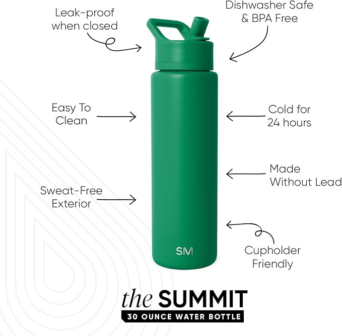 Simple Modern Water Bottle with Straw Lid | Vacuum Insulated Stainless Steel Metal Thermos | Reusable Leak Proof BPA-Free Flask for Sports Gym | Summit Collection | 30oz, Kelly Green