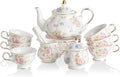 Sweejar Porcelain Tea Sets, Vintage British Floral Relief Gold Rimmed Teapot Cup and Saucer Set, Tea Set Service for 6, with Teapot, Sugar Bowl, Milk Jug, Spoons, Tea Cup and Saucer (Small Flower)