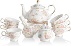 Sweejar Porcelain Tea Sets, Vintage British Floral Relief Gold Rimmed Teapot Cup and Saucer Set, Tea Set Service for 6, with Teapot, Sugar Bowl, Milk Jug, Spoons, Tea Cup and Saucer (Small Flower)