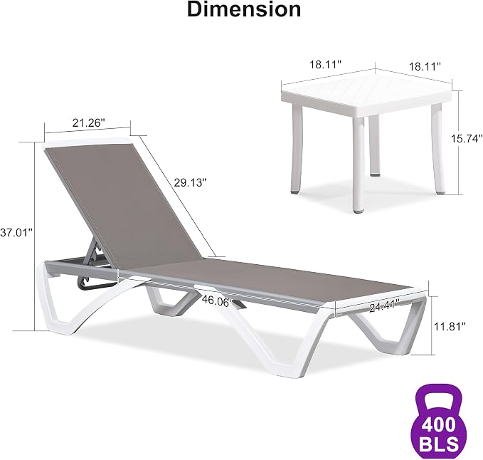 PURPLE LEAF Patio Chaise Lounge Chair Set of 3 Outside Aluminum Plastic - Image 2