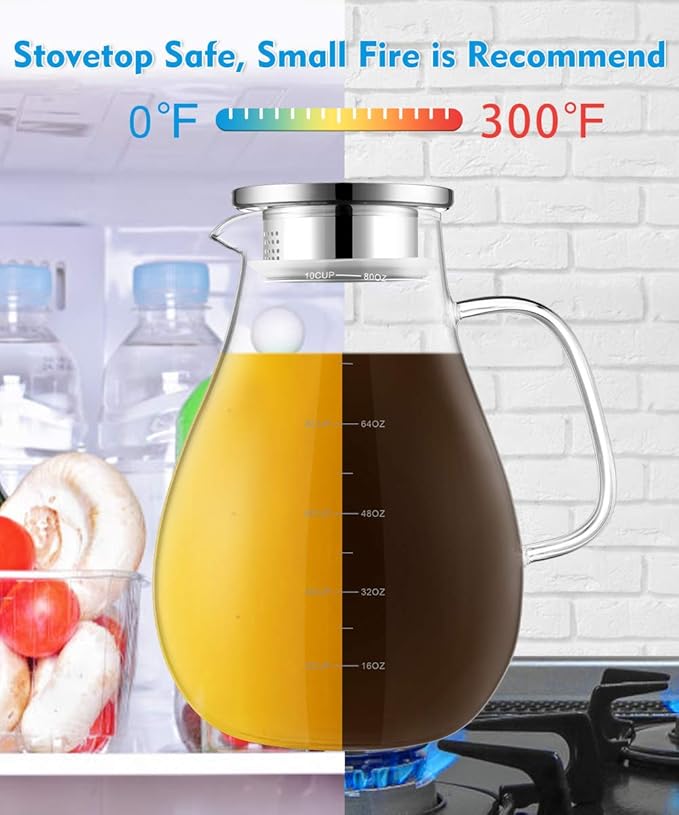 Glass Pitcher, veecom 80oz Water Pitchers with Lid and Spout for Drinks, Hot&Cold Beverage, Juice, Iced Tea Pitcher for Fridge, Borosilicate Glass Carafe/Jug with Brush