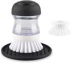 Soap Dispensing Palm Brush, Dish Brush Set with Silicone Drip Tray and One Refill, Kitchen Dish Scrub Brush for Cleaning Pots, Pans, Sinks