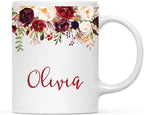 Andaz Press Personalized 11oz. Wedding Ceramic Coffee Tea Mug Bridesmaid Gift, Fall Autumn Marsala Burgundy Flowers Roses Florals, Olivia, 1-Pack, Includes Gift Box, Custom Name