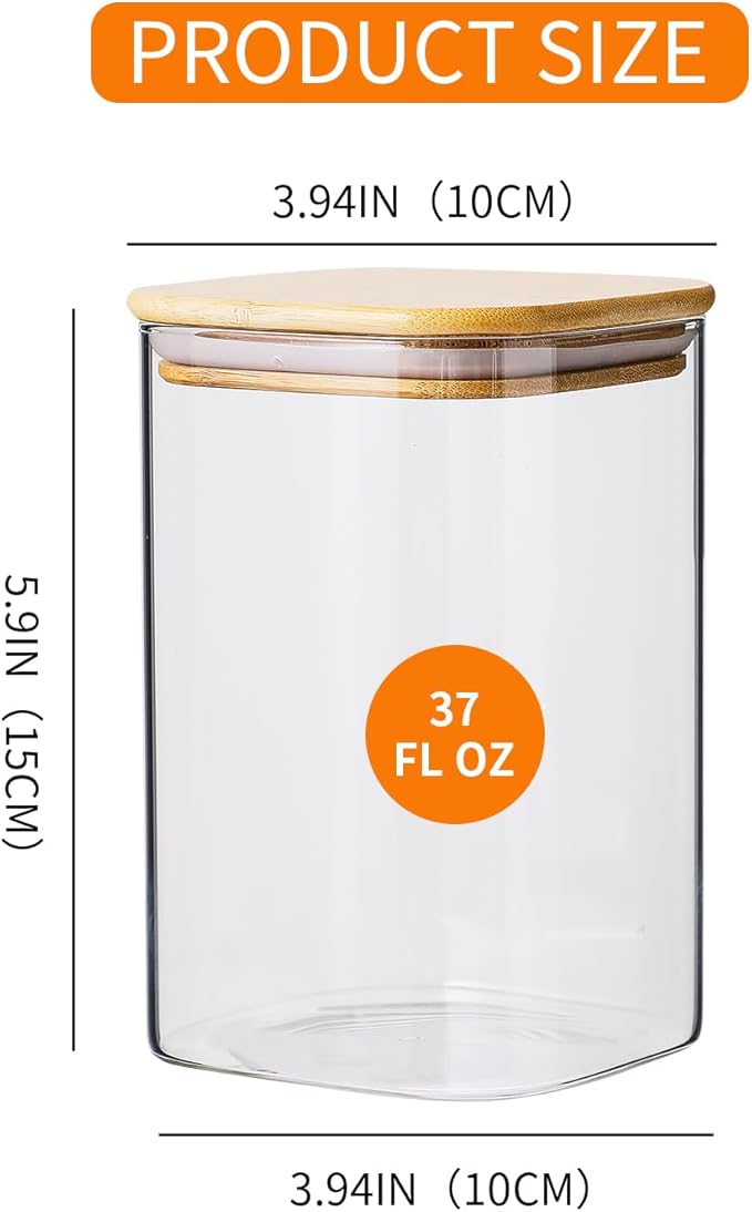 Glass Food Storage Containers with Lids 6 Pack 4 Inch Wide Mouth, 34 Oz High Borosilicate Glass Jars for Coffee Bean, Candy, Cookie, Flour, Square