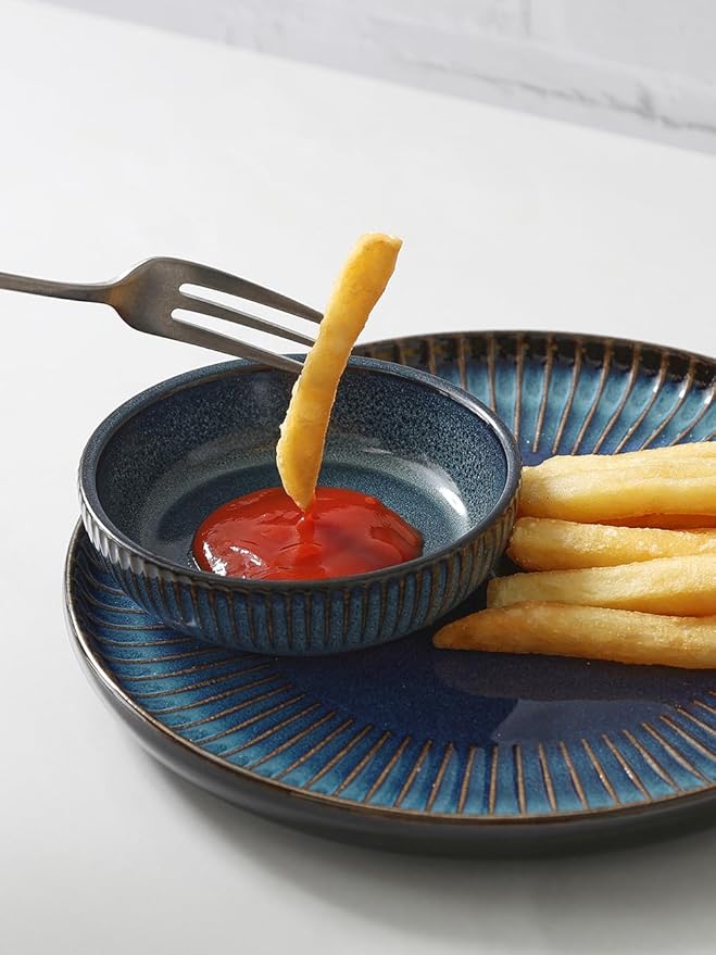 famiware Starlight Soy Sauce Dish Ceramic Dipping Bowls Set of 6, 3 oz Individual Dip Sauce Cups/Bowls/Dishes/Plates, Small Serving Bowl for Side Dishes, Dessert, Ice Cream, Condiment, Starry Blue