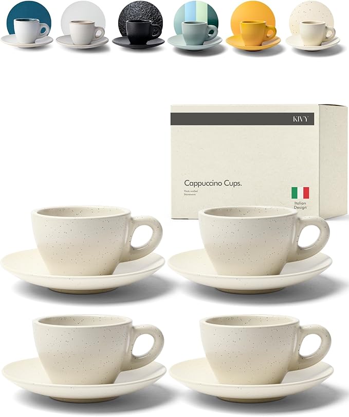 KIVY Cappuccino cups set [4x 8oz] - Thick-walled stoneware cappuccino cup set for latte art - Cappuccino coffee cups - Tazas de cafe - Latte cups - Ceramic latte art cup and saucer set of 4