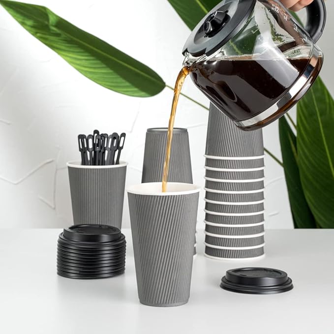 Restaurantware 16 Ounce Ripple Wall Disposable Coffee Cups, 500 Insulated Gray Paper Tumblers with Rolled Rim Design, Lids Sold Separately for Hot Drinks like Tea, Hot Chocolate and More