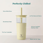 REDUCE Aspen 20 oz Vacuum Insulated Glass Tumbler with Lid & Extra Wide Straw - Keeps Drinks Cold for 12 Hrs - Ideal for Iced Coffee, Smoothies & Boba - Dishwasher Safe, Soft Base - French Vanilla