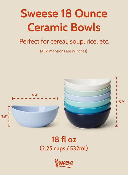 Sweese 18 oz Medium Porcelain Bowls - Set of 6 Shade of Blue Colored Serving Bowls for Soup, Salad, Pasta & Snacks