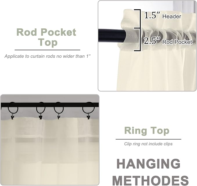 Sheer Cream Curtains, Sheer Curtains 63 inch Length 2 Panels Set, Rod Pocket - Image 4