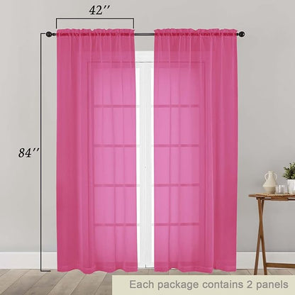 Hot Pink Sheer Curtains 84 Inches Long 2 Panels Set - Image 2