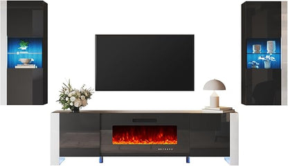 AMERLIFE 3-Piece Modern Wall Unit Entertainment Center Set, High Gloss 80" - Image 8