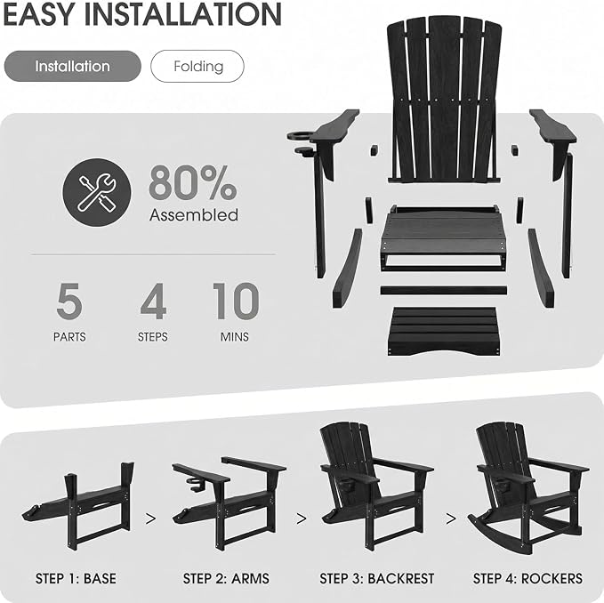 Adirondack Rocking Chair with Retractable Ottoman Set of 2, Outdoor Folding - Image 7