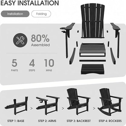 Adirondack Rocking Chair with Retractable Ottoman Set of 2, Outdoor Folding - Image 7
