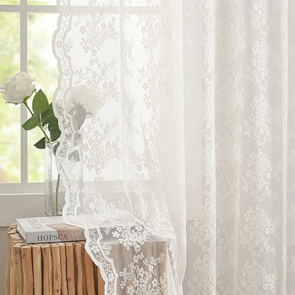 YJ YANJUN Vintage Lace Curtains Ivory Floral 105 inch Curtains 2 Panels - Image 3