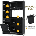 67.3" Tall Modern Black Kitchen Pantry Storage Cabinet with Drawer and Shelves, Tilt Out Trash Can, Coffee Bar Wine Cabinet with LED Lights and Power Outlet, Wine Glass Rack, 2 Mesh Doors