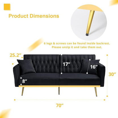 70” Velvet Futon Sofa Bed with 2 Pillows and Adjustable Armrests, Convertible - Image 3