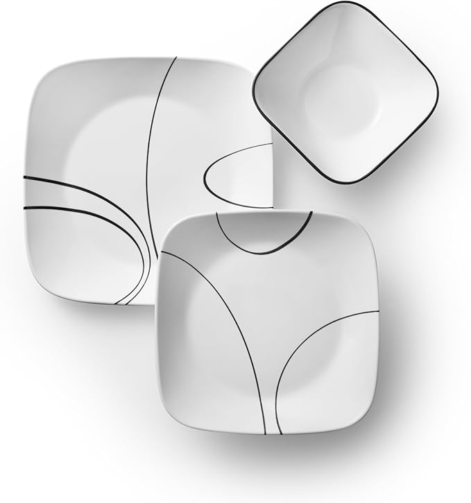 Corelle 18-Piece Service for 6 Dinnerware Set Triple Layer Glass and Chip Resistant, Lightweight Square Plates and Bowls Set, Simple Lines
