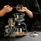 Glass Teapot Set with Infuser Semi Automatic Dragon Tea Set with 6 Small Cups (Blue golden dragon)