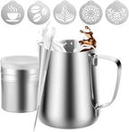 4Pieces Stainless Steel Milk Frothing Pitcher Set, Latte Art Barista Steaming Pitchers Set -Include Milk Frother Cup, Latte Art Pen, Powder Shaker, 5pcs Coffee Decorating Stencils (350ml/11oz)