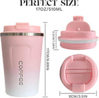 YINBAOGE Insulated Travel Coffee Mug Spill Proof Leak Proof Pobtable To Go Camping Stainless Steel Coffee Tumbler Reusable Coffee Cups with Lids Thermos for Hot and Cold Drink (2nd-Pink White, 17 OZ)