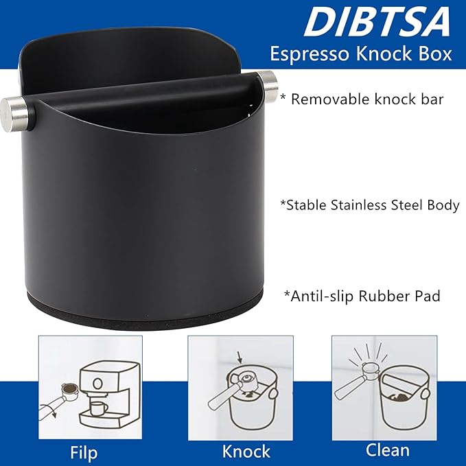 Large Size Coffee Knock Box, Espresso Knock Box Stainless Steel Espresso Machine Accessories with Removable Knock Bar and Non-Slip Base Coffee Grounds Container Bin (Black)