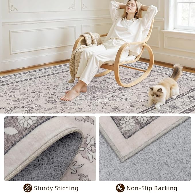 10x12 Area Rugs Living Room: Bedroom Washable Carpet Beige & Grey | Large - Image 4