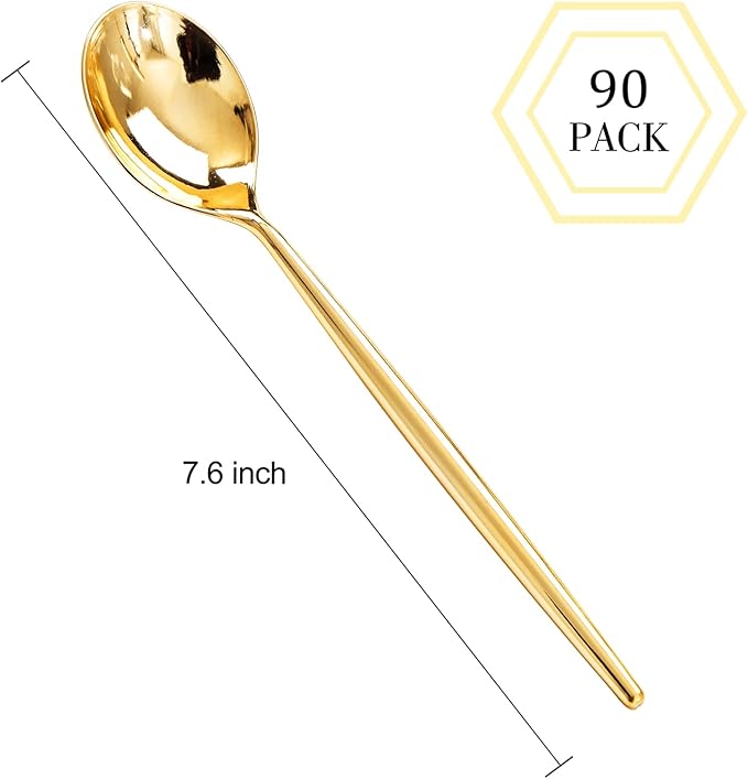 I00000 90 Pcs Gold Plastic Spoons,Disposable Silverware, Gold Plastic Cutlery, Heavy Duty Disposable Spoons Perfect for Parties, Wedding & Dinners