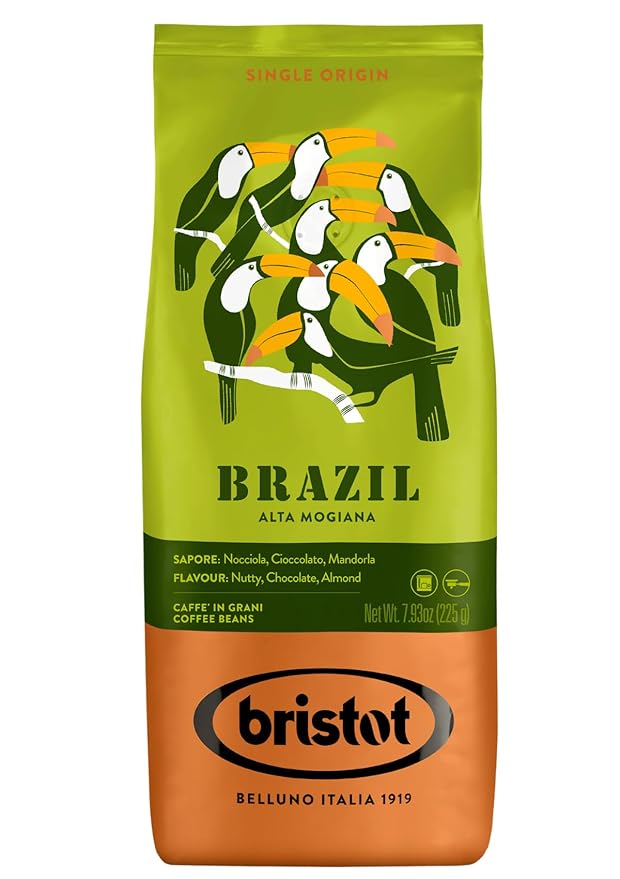 Bristot Single Origin Brazil Alta Mogiana – Italian Espresso Beans – 100% Arabica – Medium Roast – Notes of Nutty, Chocolate & Almond – 7.93 oz – 225 g