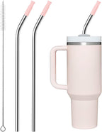 Repeatable Metal Straw with Silicone Tips for 40 oz Stanley Tumbler, 2 Pcs 40 oz Stainless Steel Straws Replacement for Stanley Tumbler, 1 Straw Brush, BPA Free（Light Pink）