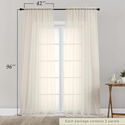 Cream Sheer Curtains for Bedroom Living Room 96 Inches Long 2 Panels, Modern - Image 2