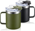 ALOUFEA 12oz Stainless Steel Insulated Coffee Mug with Handle, Double Wall Vacuum Travel Mug, Tumbler Cup with Fliping Lid, Black and Army Green