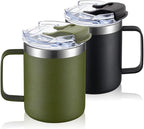 ALOUFEA 12oz Stainless Steel Insulated Coffee Mug with Handle, Double Wall Vacuum Travel Mug, Tumbler Cup with Fliping Lid, Black and Army Green