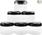 Cornucopia Brands 12 Ounce Clear Plastic Jars w/Black Plastic Lids (6-Pack); BPA Free PET Stackable Canisters for Bathroom & Kitchen Storage