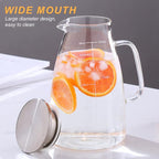 Joeyan 2 Liter 68oz Glass Pitcher with Lid, Large Heat Resistant Glass Water Carafe with Handle and Scale Line for Hot/Cold Drinks- Water, Cold Brew, Iced Tea & Juice, Including Long-Handled Brush