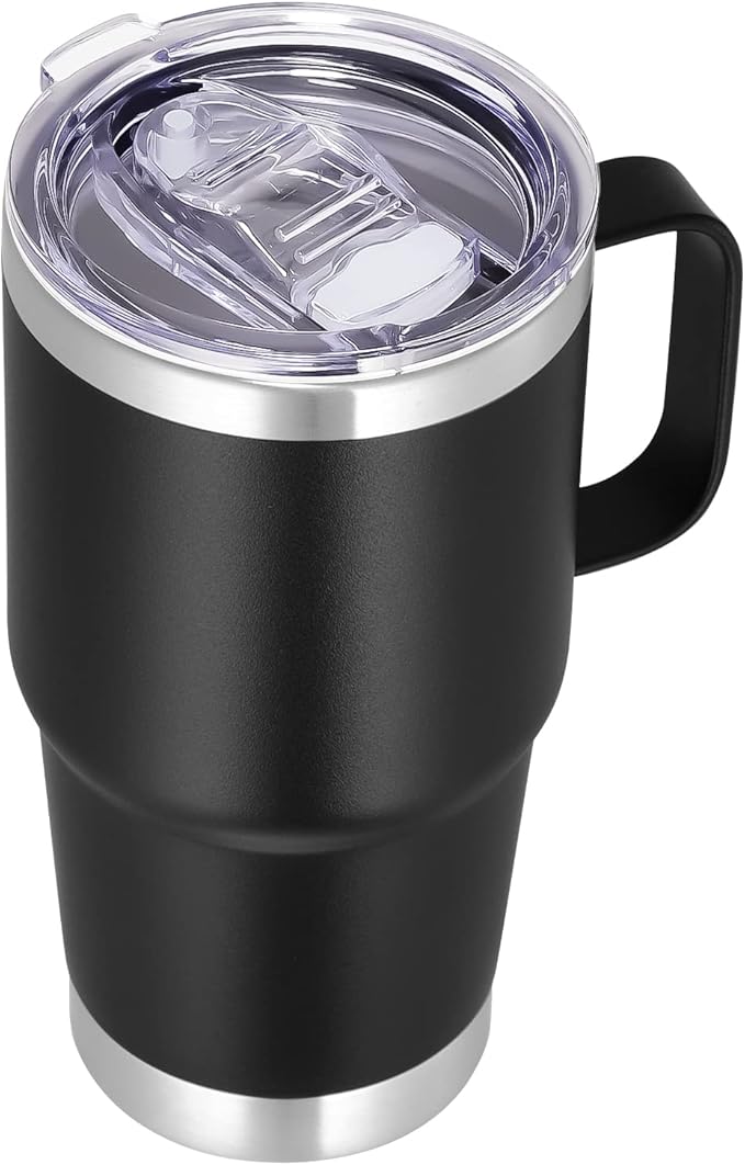 VEGOND 20 oz Tumbler with Handle Lid and Straw, Stainless Steel Insulated Travel Coffee Mug Spill Proof Double Wall Metal Tumbler Cup Keeps Drink Hot and Cold, Black 1 Pack