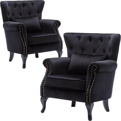 Set of 2 Mid-Century Modern Accent Chair, Velvet Armchair w/Tufted Back/Wood by DMFurniture