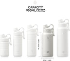 IDEUS Insulated Stainless Steel Water Bottle with 2 Leak-Proof Lids, Thermal Water Flask for Hiking Biking, 32oz, White
