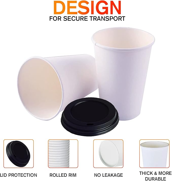 Smygoods White Disposable Paper Coffee Cups with Lids (24 OZ, 50 Count) For Hot Beverages, Tea, Espresso, Cocoa - To Go Drink Containers, Café & Office