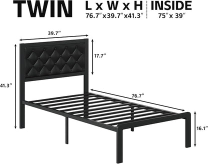 Fluest Twin Bed Frame with Headboard PU Leather Upholstered Bed Frame Platform - Image 2