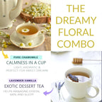 CHAYAM Blissful Infusion – Lavender Vanilla (1.76oz) & Pure Chamomile (1.1oz) Wellness Tea Gift Set + Infuser Loose Leaf Black & Herbal Tea Tin Caddies | For Better Sleep & Relaxation